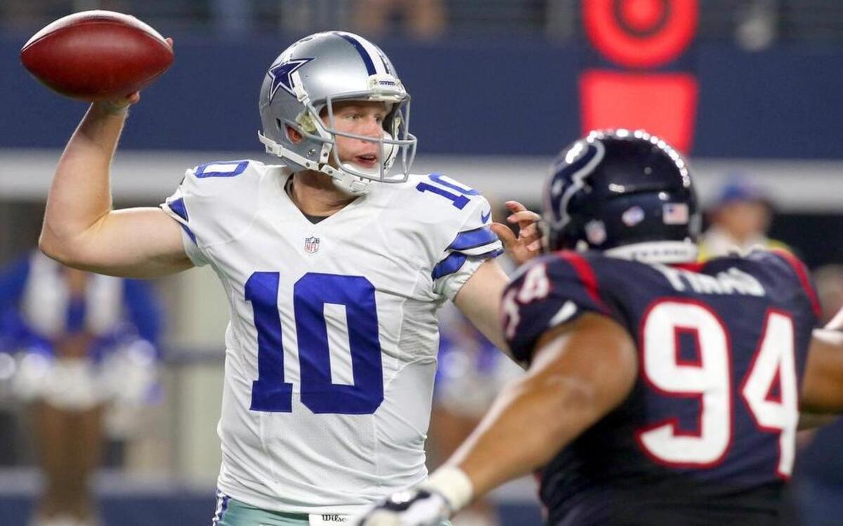 
Dallas Cowboys quarterback Dustin Vaughan (10) went 11-for-20 against the Texans.
