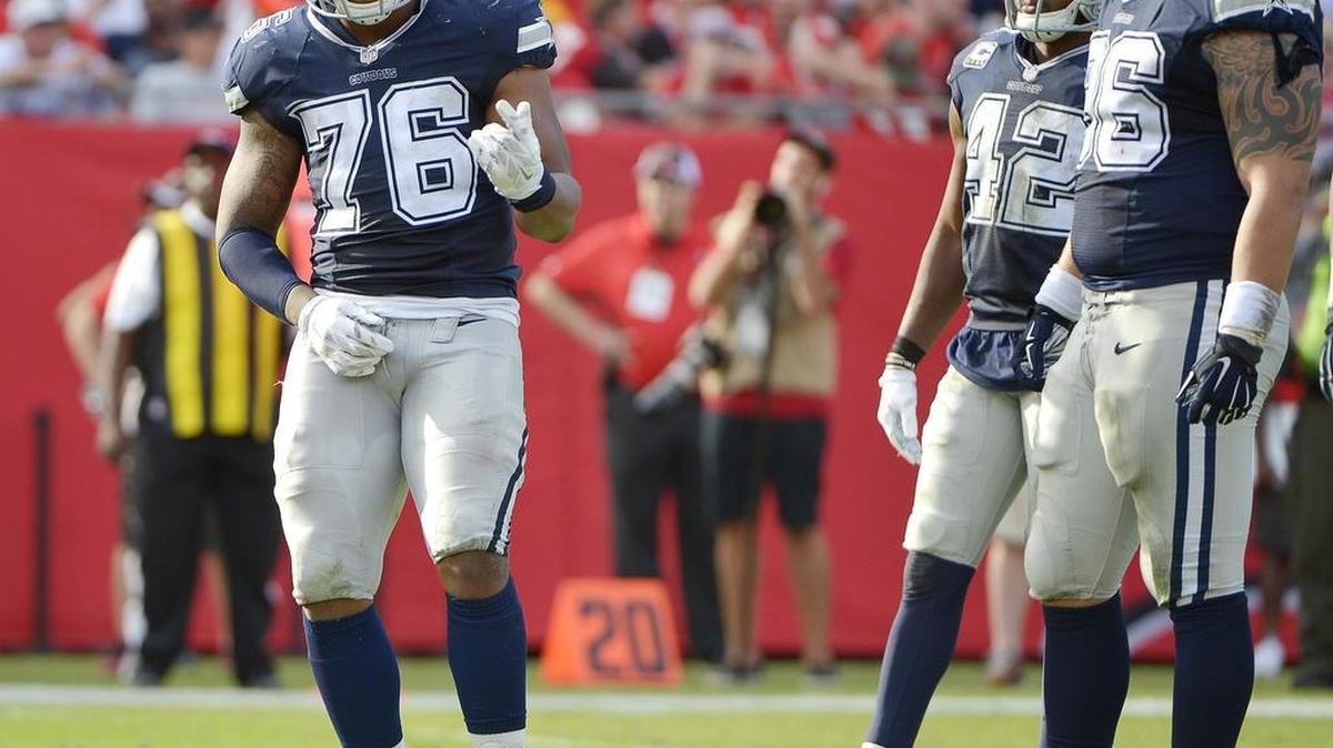 Cowboys defensive end Greg Hardy (76) was late to work Thursday but started and played most of Sunday’s game against the Bucs.