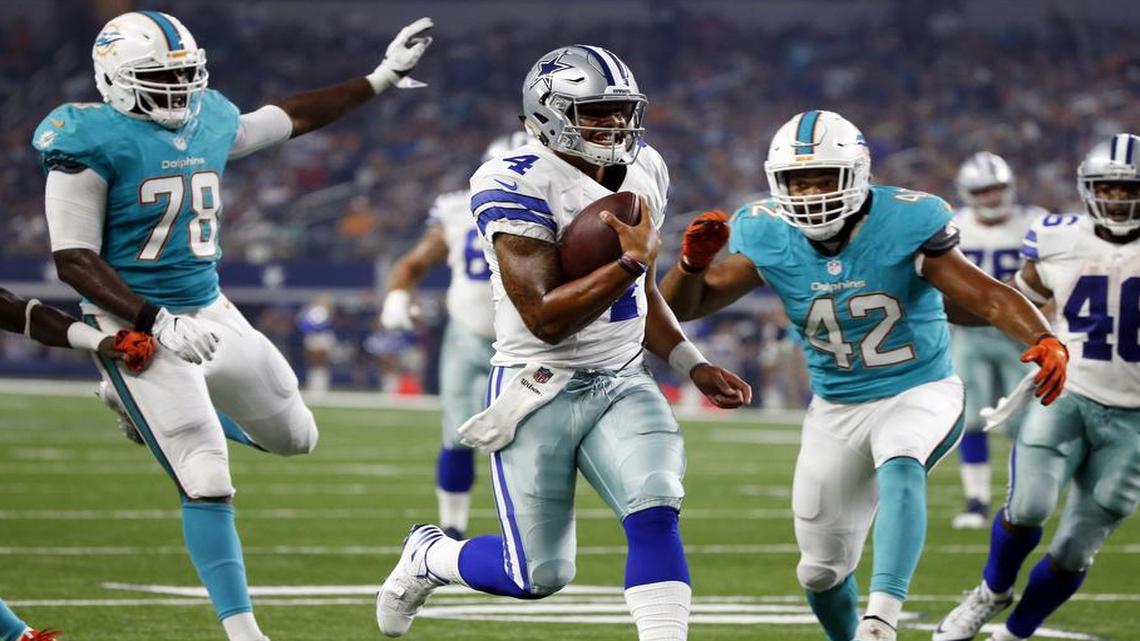 Dallas Cowboys quarterback Dak Prescott ran for two touchdowns and threw two touchdowns against Miami Friday night at AT&T Stadium in Arlington.