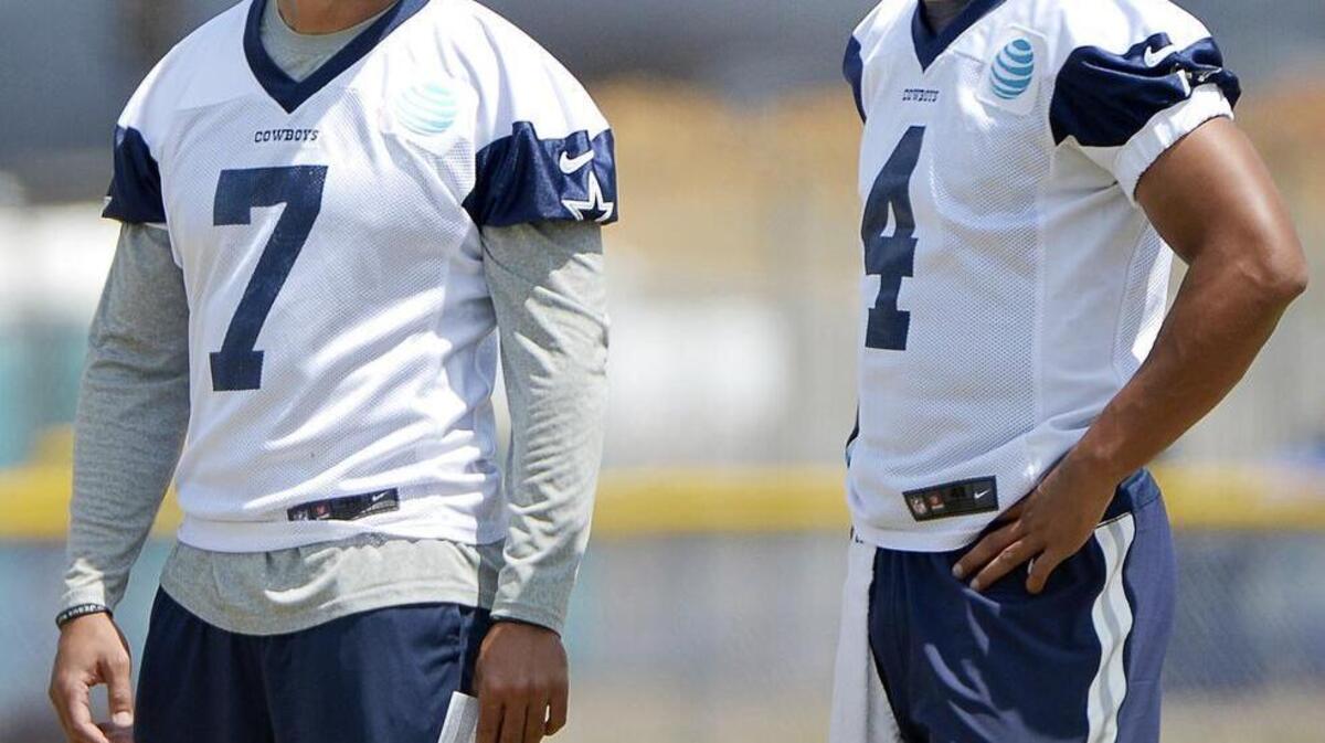 Dallas Cowboys quarterbacks Jameill Showers (7) and Dak Prescott (4) will be under focus during the Blue-White intrasquad scrimmage.