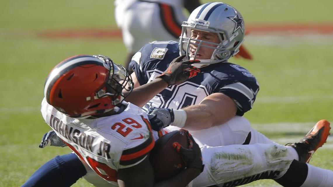 Dallas Cowboys outside linebacker Sean Lee (50) stops Cleveland Browns running back Duke Johnson (29) 2 yards shy of a first down in Cleveland, Ohio, Sunday, November 6, 2016. Lee is having an “All-Pro season,” defensive coordinator Rod Marinelli says.