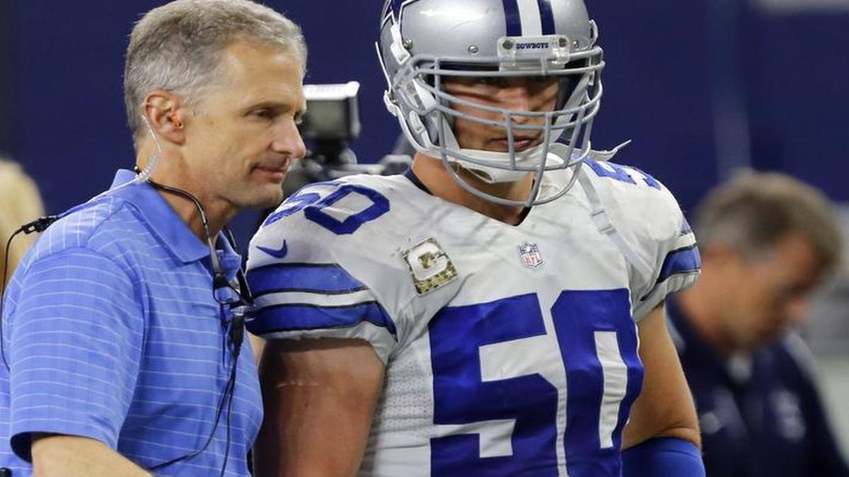 Injured Dallas Cowboys outside linebacker Sean Lee (50) was later diagnosed with a concussion after taking a hit to start the second half.