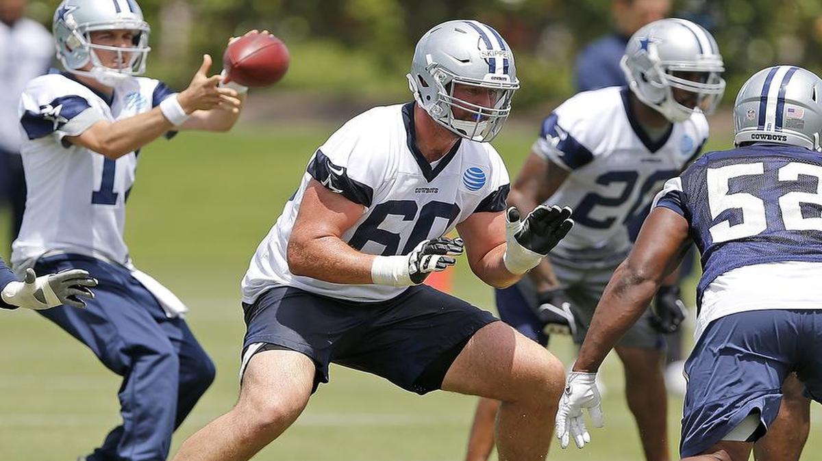 Undrafted rookie offensive guard Dan Skipper (60) has been involved in multiple scuffles at the Dallas Cowboys’ training camp.