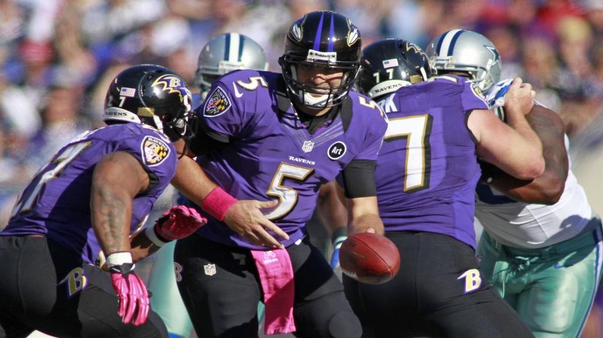 Quarterback Joe Flacco and the Baltimore Ravens have won all four regular-season games against the Dallas Cowboys. Baltimore won the most recent meeting 31-29 in 20012, above, and beat the Cowboys 33-24 in the final game played at Texas Stadium.