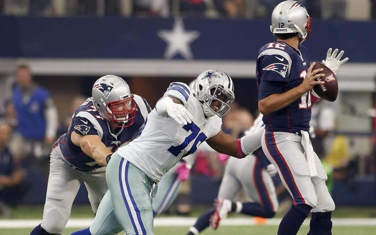 
Dallas Cowboys defensive end Greg Hardy put a lot of pressure on New England Patriots quarterback Tom Brady.
