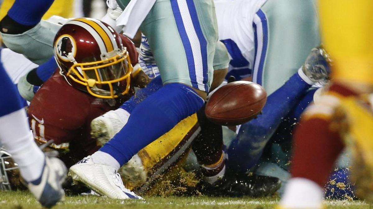 Redskins receiver DeSean Jackson fumbles a late punt return that set up a Cowboys touchdown during Monday night’s win over Washington.
