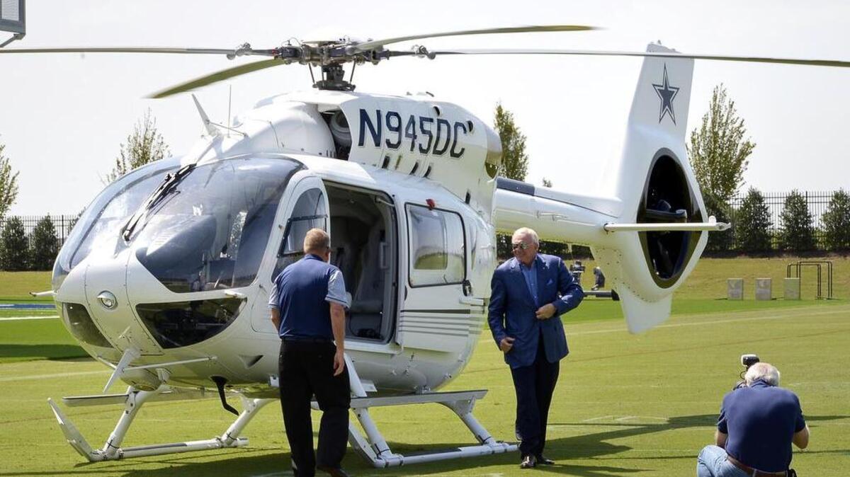 Dallas Cowboys owner Jerry Jones gets out of his new Airbus H145 helicopter at Ford Center at The Star in Frisco, TX, Thursday, Sept. 8, 2016.