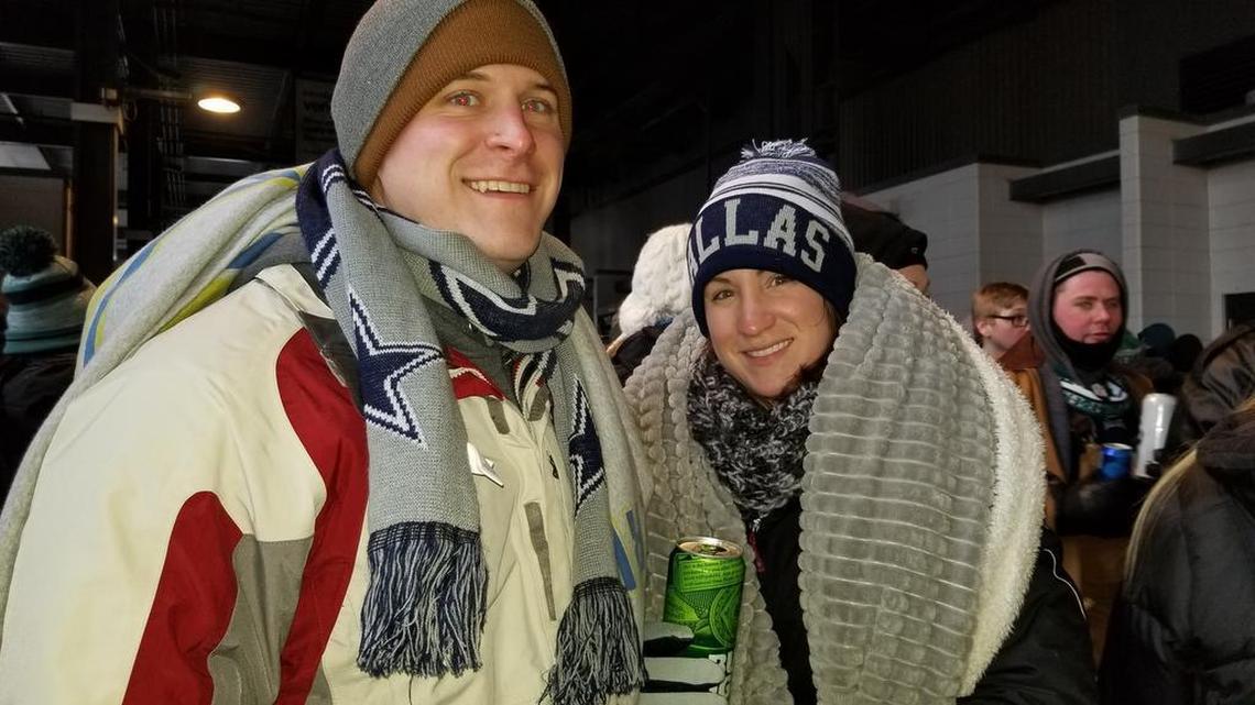 Matt and Kera Wisniewski, of Nazareth, Penn., were two of a brave handful of Dallas Cowboys fans on hand at Lincoln Financial Field for Sunday’s game against the Philadelphia Eagles with temperatures in the mid-teens.