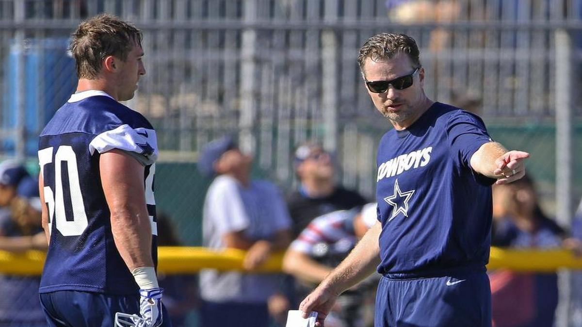 
Dallas Cowboys middle linebacker Sean Lee (50) chats with linebackers coach Matt Eberflus during practice, hopes to unleashed in the preseason.
