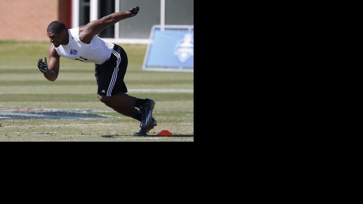 
Former Dallas Cowboys practice-squad player Michael Sam runs during the NFL Veterans Combine on Sunday in Tucson, Ariz.
