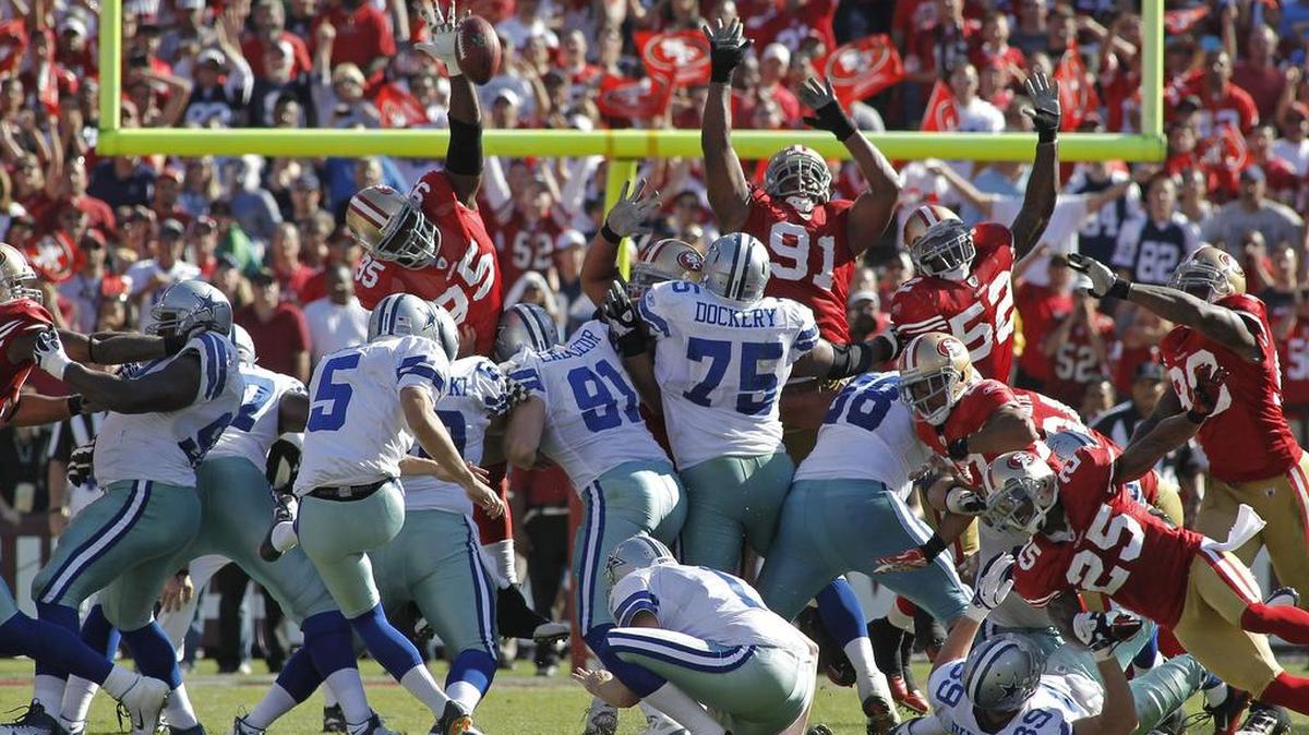 With 2 seconds left in regulation in a 2011 game in San Francisco, Dallas Cowboys kicker Dan Bailey (5) hits a field goal to send the game into OT.