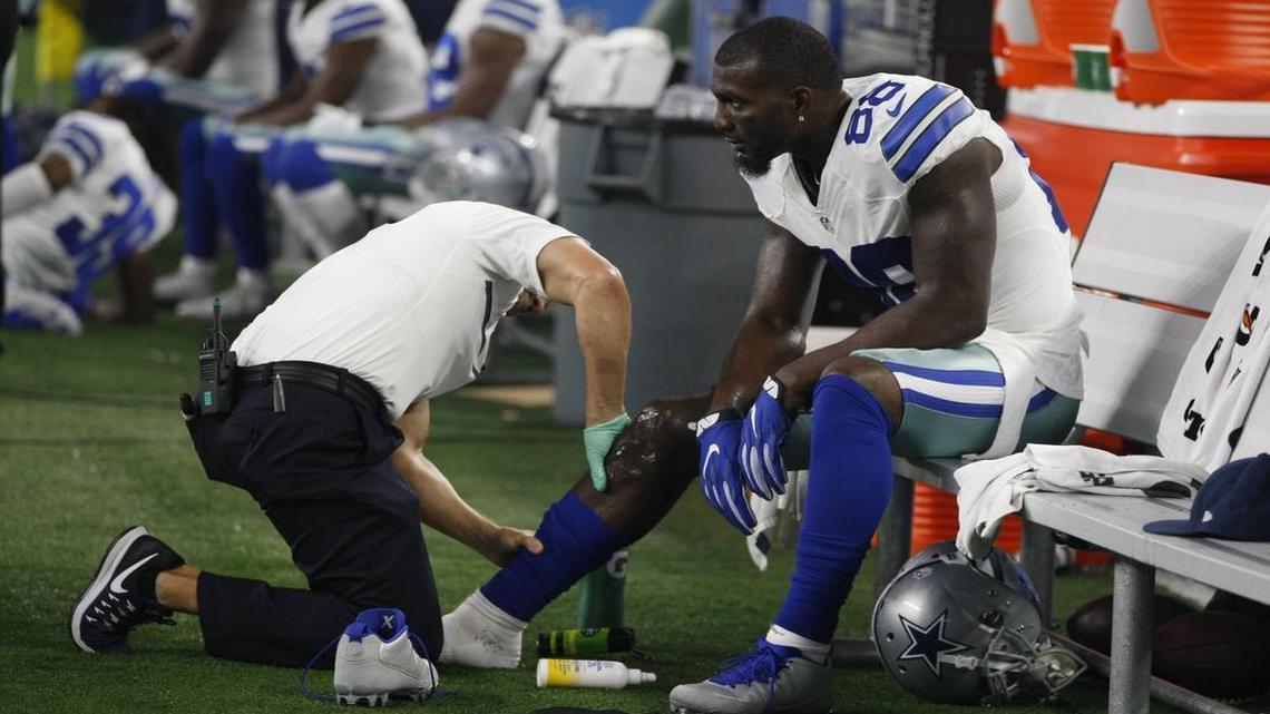 Dallas Cowboys wide receiver Dez Bryant has a slight hairline fracture in one of the bones in his right knee. His status for Sunday’s game at San Francisco is unknown.