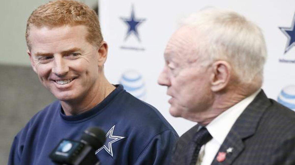 
Cowboys owner Jerry Jones, right, said he is especially impressed by coach Jason Garrett’s work ethic and ability to adjust.


