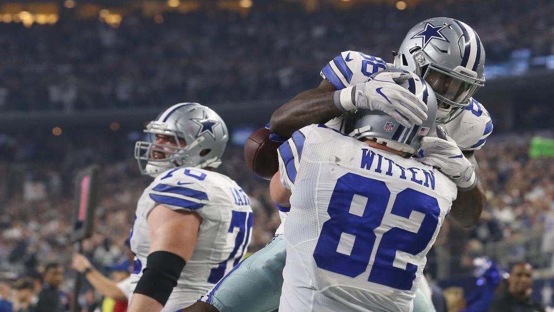 Dallas Cowboys tight end Jason Witten scored a 10-yard touchdown on a pass from Dez Bryant in the third quarter against Detroit Monday night at AT&T Stadium.