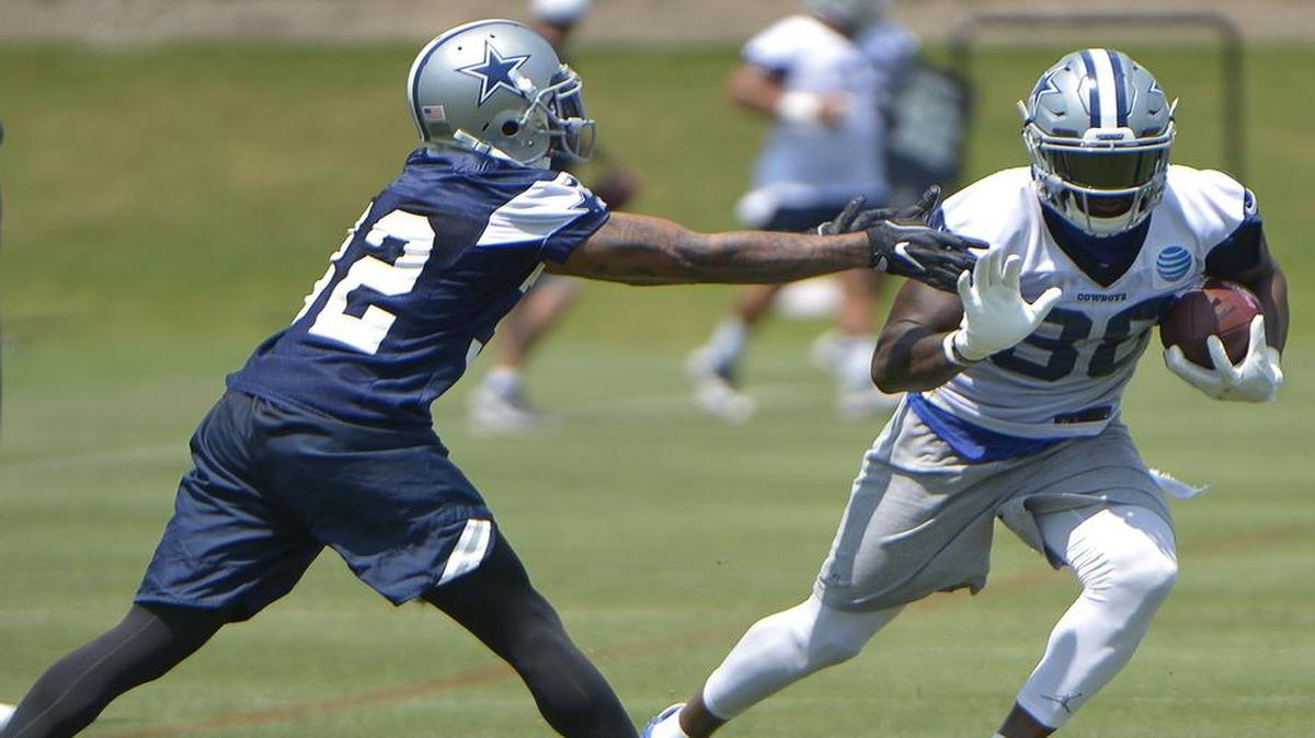 Cowboys cornerback Orlando Scandrick, left, tries to cover wide receiver Dez Bryant during practice on Wednesday at The Star in Frisco.