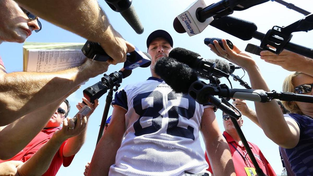 
Tight end Jason Witten (82) embraces the goal of winning the Super Bowl during his post-walk through media interview after the Dallas Cowboys morning practice.
