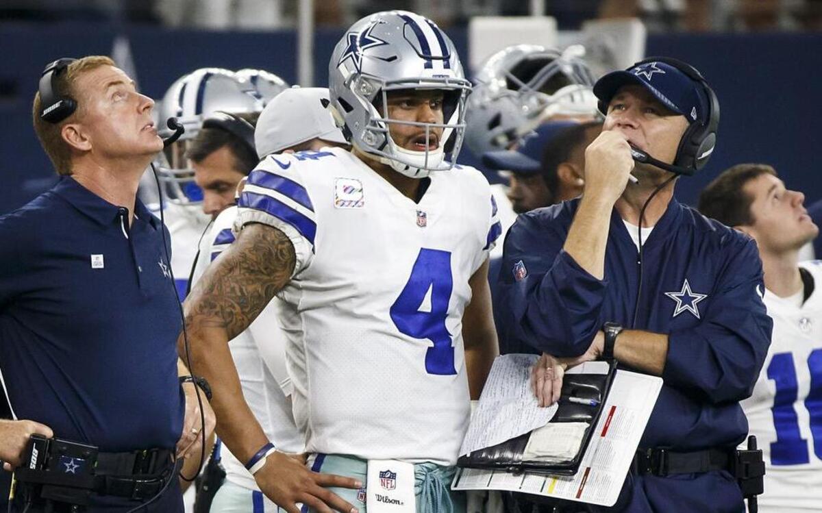 Dallas Cowboys head coach Jason Garrett, left, quarterback Dak Prescott, and offensive coordinator Scott Linehan wait for a replay review of fourth-and-1 play.