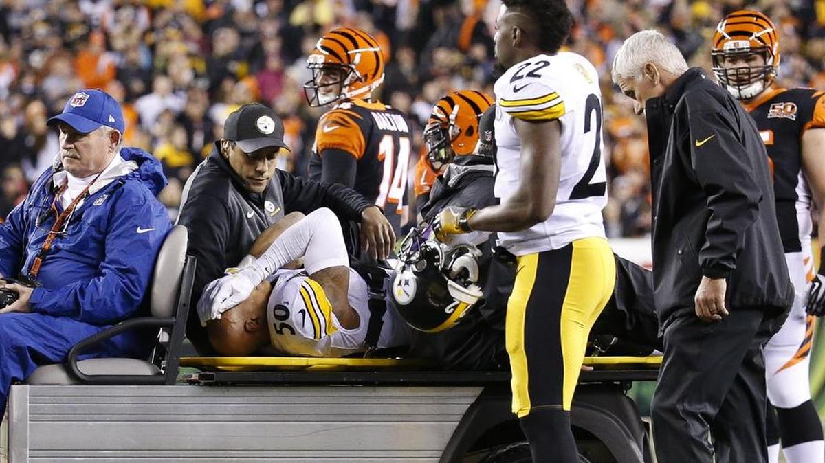 Pittsburgh Steelers inside linebacker Ryan Shazier (50) is carted off the field after a sustaining a back injury Monday against the Cincinnati Bengals.