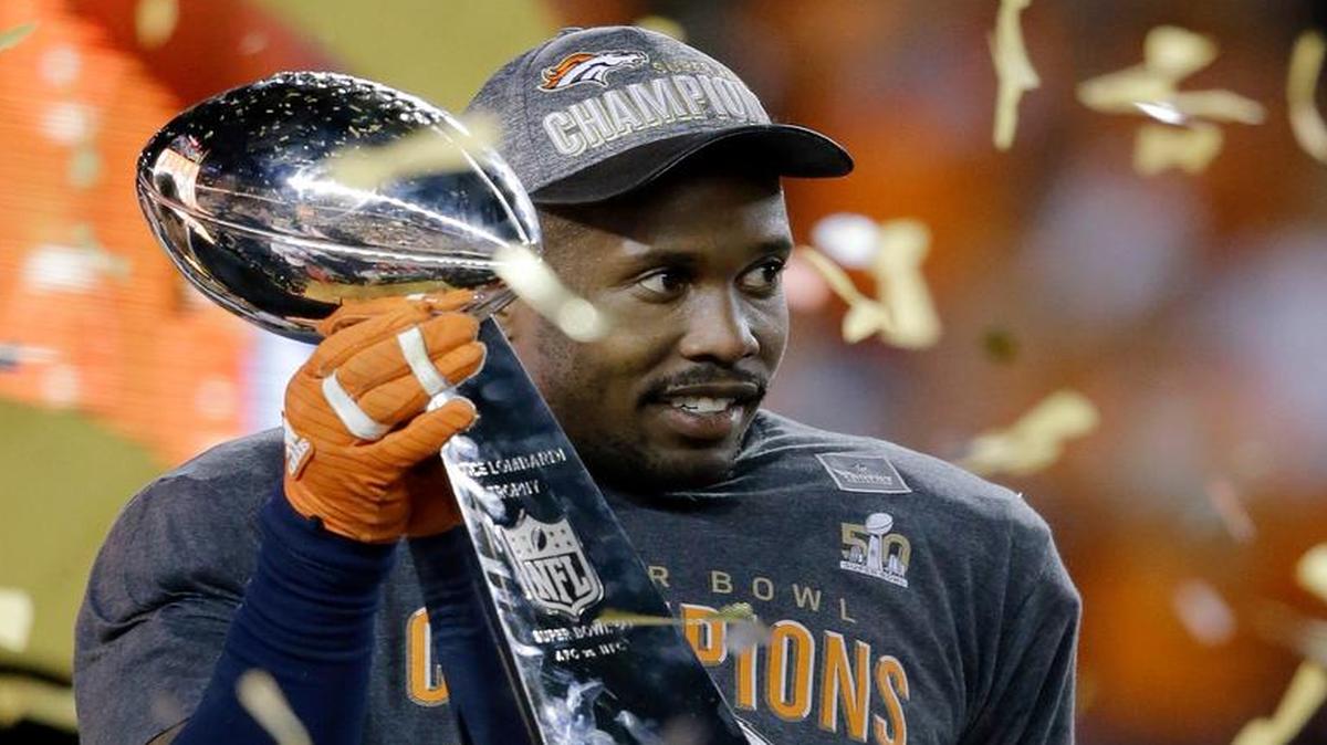 Denver Broncos linebacker Von Miller holds the Lombardi Trophy after Super Bowl 50. Miller was selected as MVP.