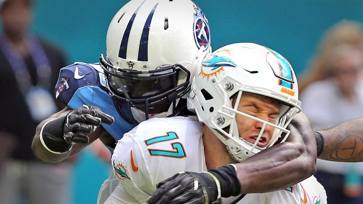 Tennessee Titans linebacker Brian Orakpo sacks Miami quarterback Ryan Tannehill. Orakpo has seven sacks through six games this season.