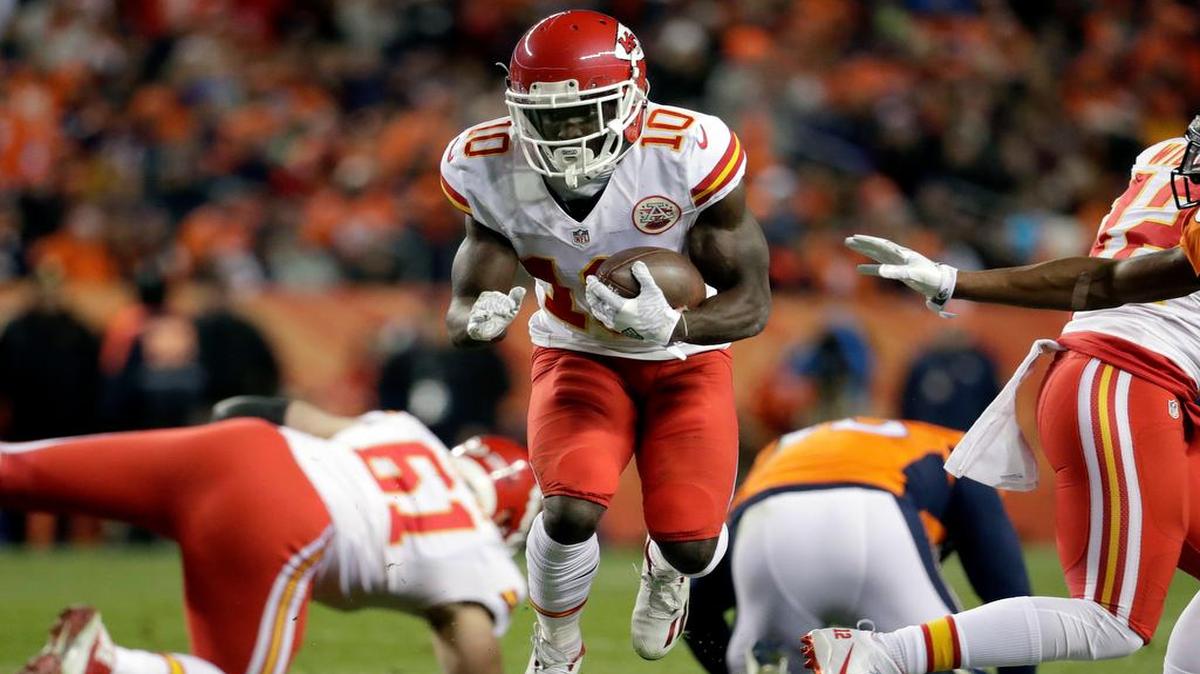 Dynamic rookie receiver Tyreek Hill can score from anywhere on the field, and in any fashion, as he showed the Broncos. Hill had a touchdown rushing, receiving and returning a free kick in the Sunday night win in Denver.