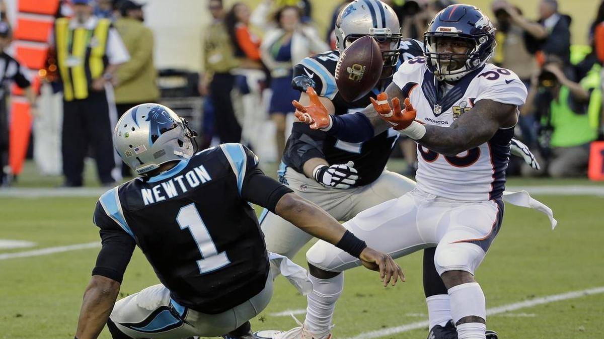 Broncos linebacker Von Miller stripped the football from Panthers quarterback Cam Newton, then recovered it in a key play from Super Bowl 50 in February. The two teams meet again Thursday night to open the new season.