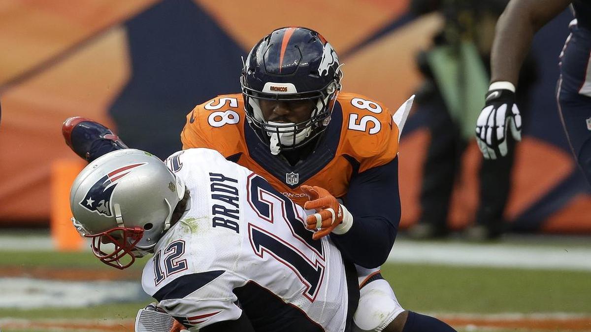 Von Miller had 2.5 sacks, four quarterback hits, a deflected pass and an interception against Tom Brady in the AFC Championship game.