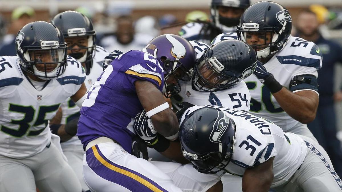Vikings running back Adrian Peterson was held to a season-low 18 yards rushing Kam Chancellor, Bobby Wagner and the Seahawks in a 38-7 loss to Seattle last month in Minnesota.