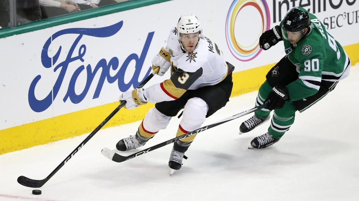 Vegas Golden Knights defenseman Brayden McNabb (3) controls the puck in front of Dallas Stars’ Jason Spezza.