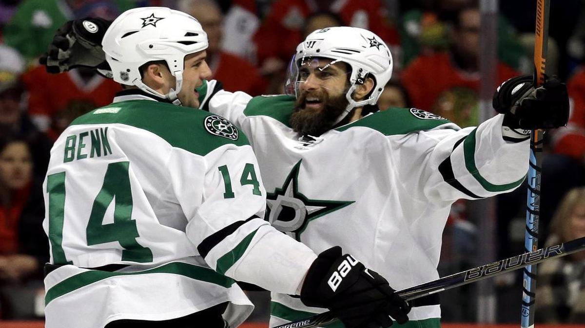 Stars right wing Patrick Eaves, right, celebrates with left wing Jamie Benn after scoring the first of his three goals against the Blackhawks in a 4-2 victory on Feb. 11.