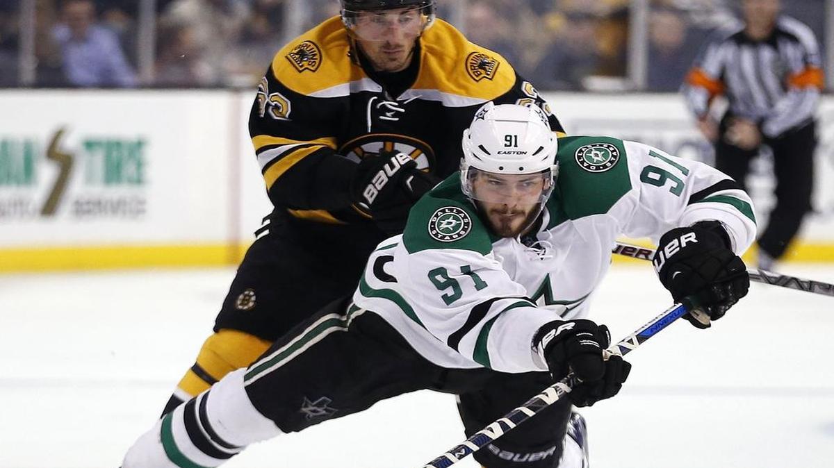 Stars center Tyler Seguin, front, who leads the team in goals (31) and is second in points (65) will meet Brad Marchand and the Boston Bruins on Saturday at American Airlines Center.