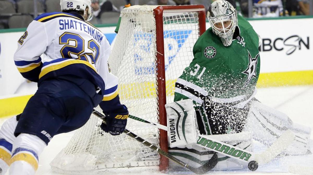 Dallas Stars goalie Antti Niemi defends the goal against St. Louis Blues defenseman Kevin Shattenkirk in Sunday’s Game 2 of their second-round playoff series. The series is tied 1-1 as the teams meet Tuesday night in St. Louis.