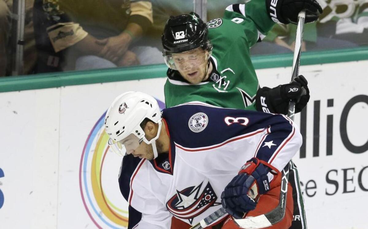 Stars right wing Ales Hemsky, above, battling Blue Jackets defenseman Seth Jones for the puck during their game Oct. 22 in Dallas, will be out 5-6 months after undergoing hip surgery.