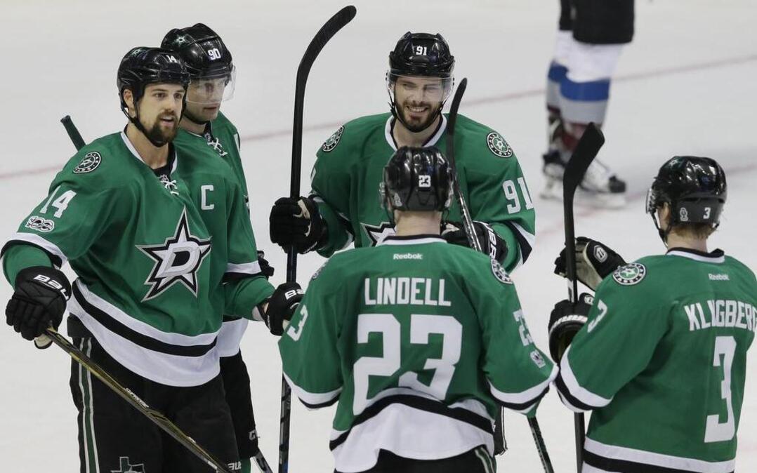 Saturday’s season-ending shootout victory over the Colorado Avalanche gave Dallas Stars teammates, from left, Jamie Benn, Jason Spezza, Esa Lindell, Tyler Seguin and John Klingberg reason to smile.