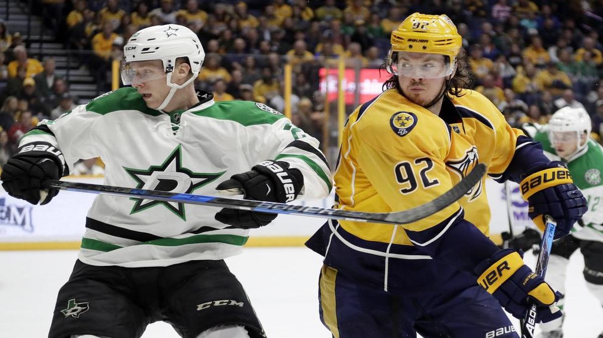 Stars defenseman Esa Lindell, left, in action Wednesday against the Predators, scored his first NHL goal in Friday’s 2-1 victory over the Canucks.