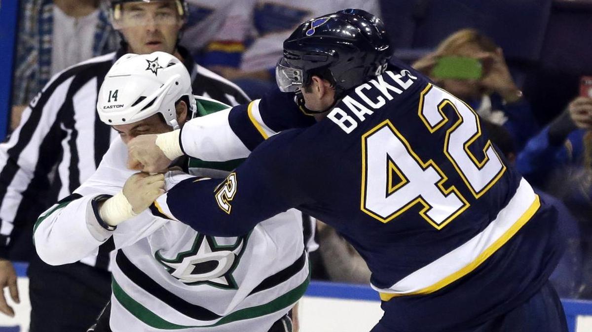 The Stars’ Jamie Benn, left, tussles with the Blues’ David Backes on Saturday night. Backes had a goal and an assist in St. Louis’ 3-0 victory.