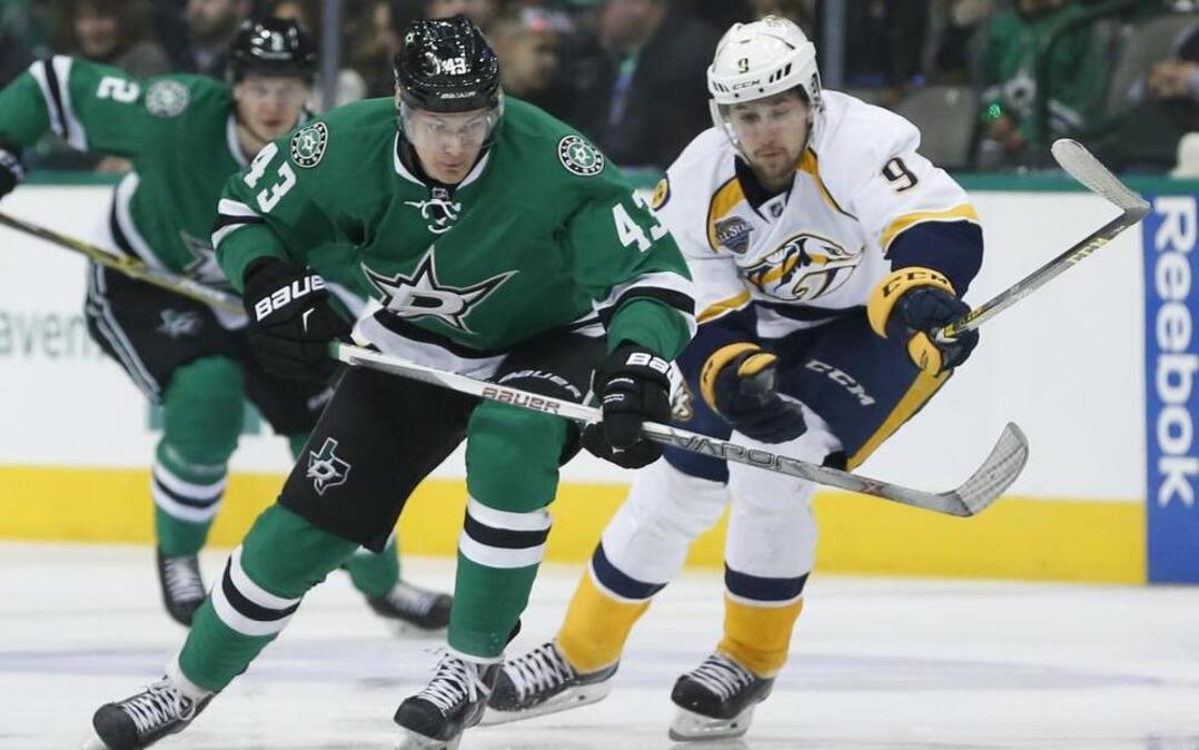 Stars right wing Valeri Nichushkin, left, sustained a lower-body injury Thursday against the Nashville Predators and is listed as day-to-day, but he practiced Friday, according to the team’s web site.