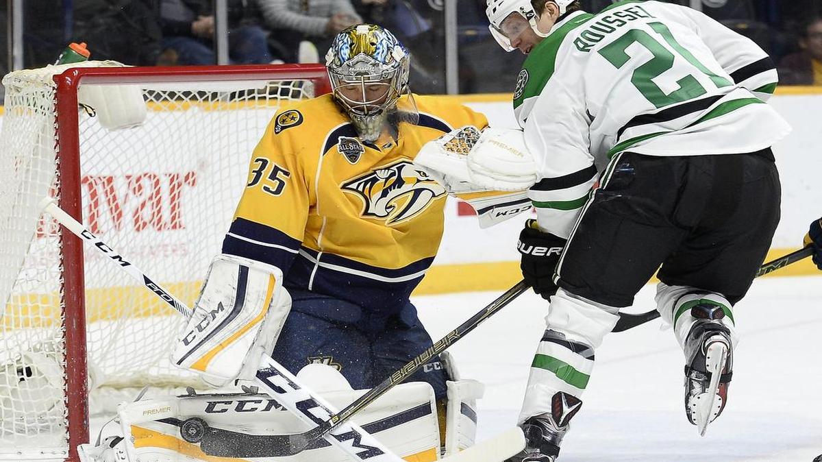 Nashville Predators goalie Pekka Rinne (35), of Finland, has given wing Antoine Roussel and the Dallas Stars headaches for most of his career. Rinne is 8-2-2 in his last dozen games against the Stars, including 1-1 this season.