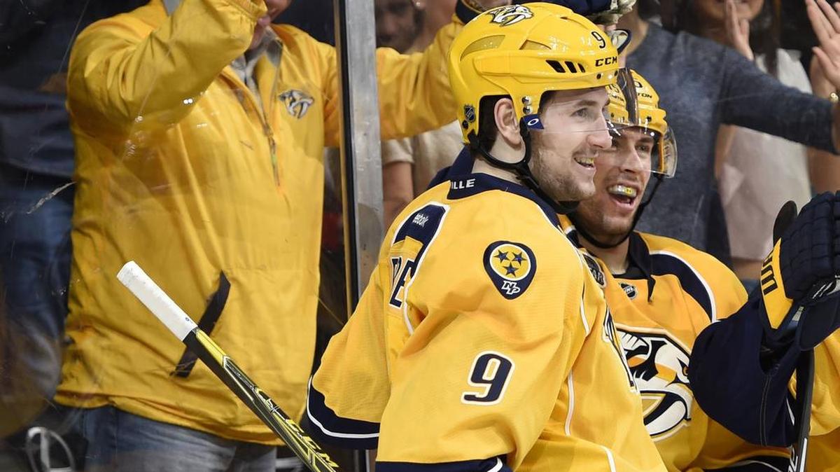 Predators center Filip Forsberg (9) celebrates after scoring a goal in Saturday’s 5-0 victory over the Blues. Forsberg recorded his second hat trick in three games. Nashville plays host to the Dallas Stars at 7 p.m. Tuesday on Fox Sports Southwest Plus.