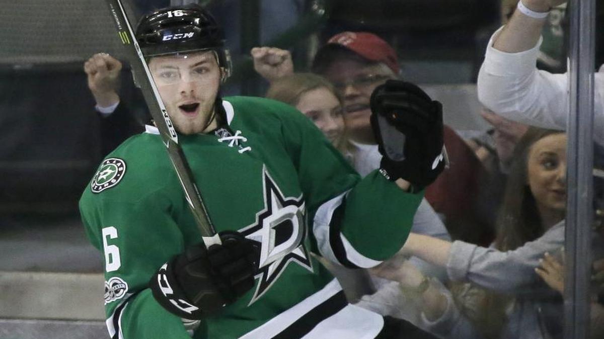 Dallas Stars rookie defenseman Julius Honka celebrates his first career NHL goal, the game-winner in Tuesday’s 3-2 overtime victory over Arizona. Honka and the Stars take on the playoff-bound Nashville Predators on Thursday at American Airlines Center (7:30 p.m., FSSW).