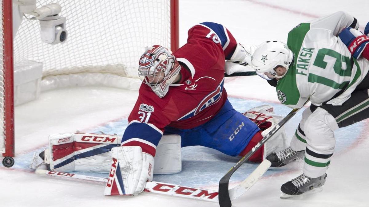 Canadiens goalie Carey Price stops Dallas Stars center Radek Faksa during the second period of Montreal’s 4-1 victory Tuesday.