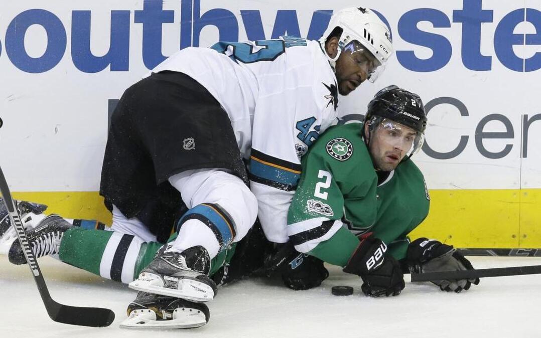 San Jose Sharks right wing Joel Ward has the upper hand here on Dallas Stars defenseman Dan Hamhuis, but it was the Stars that came out on top in Monday’s game, blanking the Sharks 1-0. The two teams meet again Friday at 7:30 p.m. in Dallas.