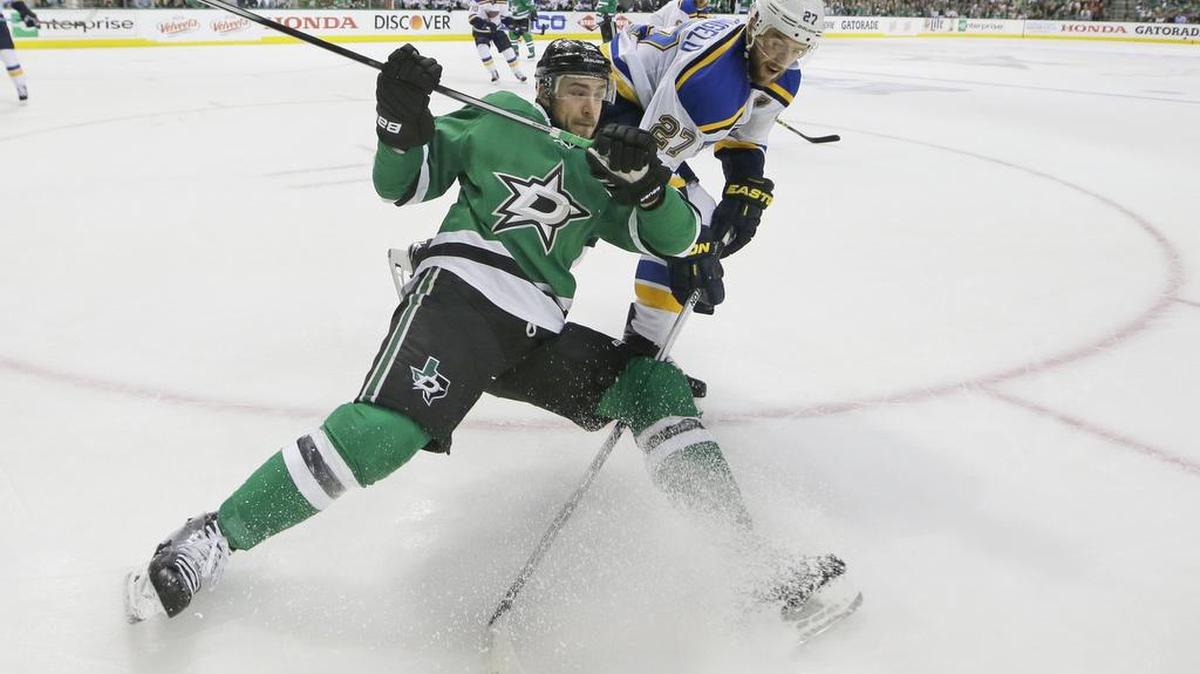 Dallas Stars center Colton Sceviour, left, and St. Louis Blues defenseman Alex Pietrangelo tangle during the first period in Game 1 in the second round of the NHL Stanley Cup playoffs Friday.
