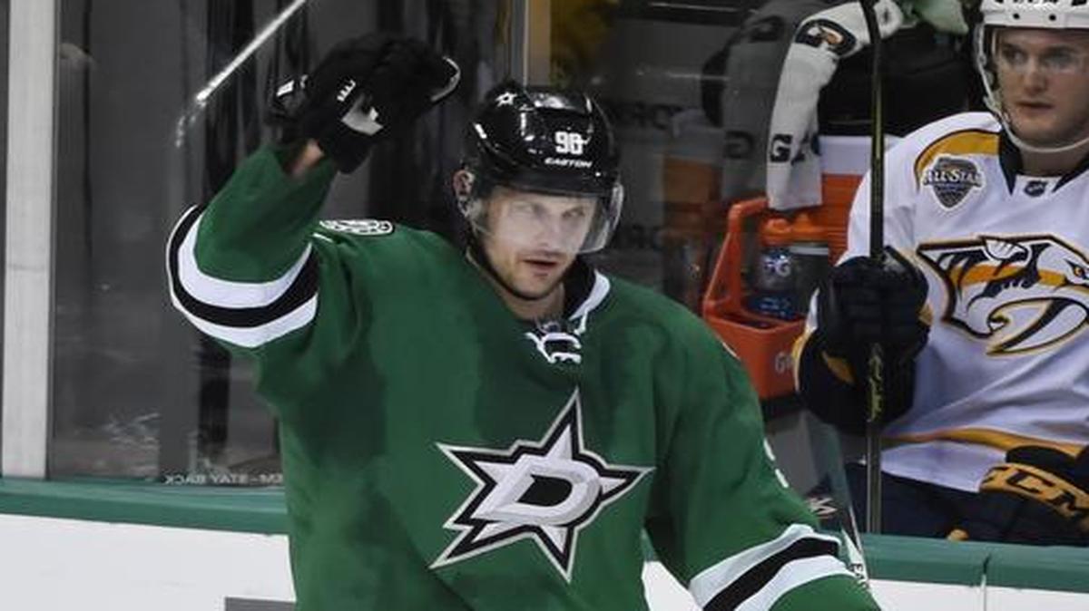 Stars center Jason Spezza (90) celebrate his hat trick against the Nashville Predators during the third period of the Stars’ 3-2 victory on Saturday.
