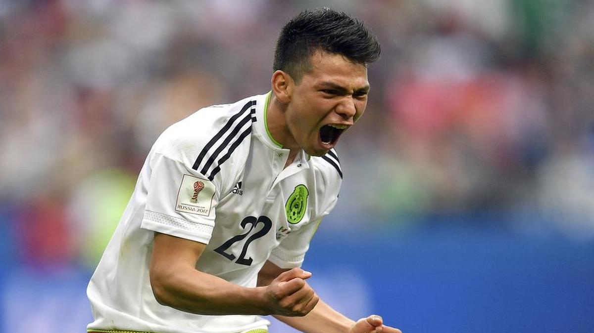 Hirving Lozano of Mexico celebrates his side’s second goal during Saturday’s 2-1 victory over Russia at the Confederations Cup. Mexico next takes on Germany in the semifinals Thursday in Sochi, Russia. The game will be televised at 1 p.m. on FS2.
