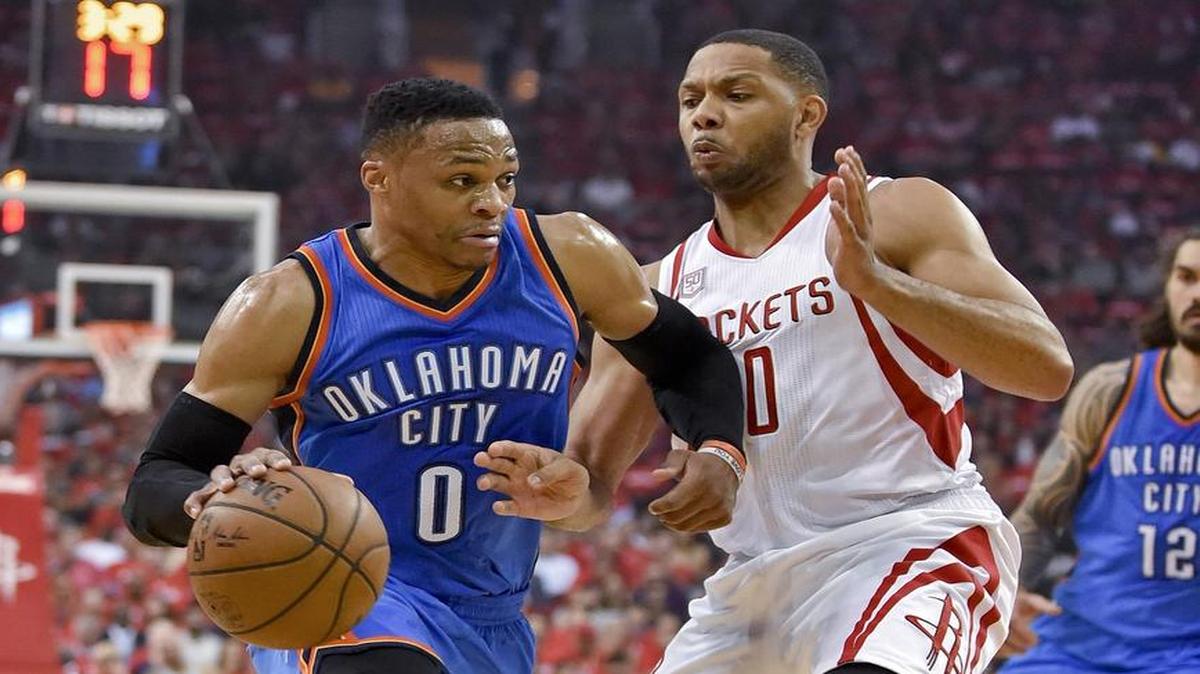 Oklahoma City guard Russell Westbrook, left, and the Thunder look to bounce back against Houston and guard Eric Gordon on Friday in Game 3 of their first-round playoff series. Westbrook scored 51 points with 13 assists and 10 rebounds Wednesday, but it wasn’t enough as the Rockets prevailed 115-111 to grab a 2-0 series lead. Game 3 tips off at 8:30 p.m. in Oklahoma City on ESPN.