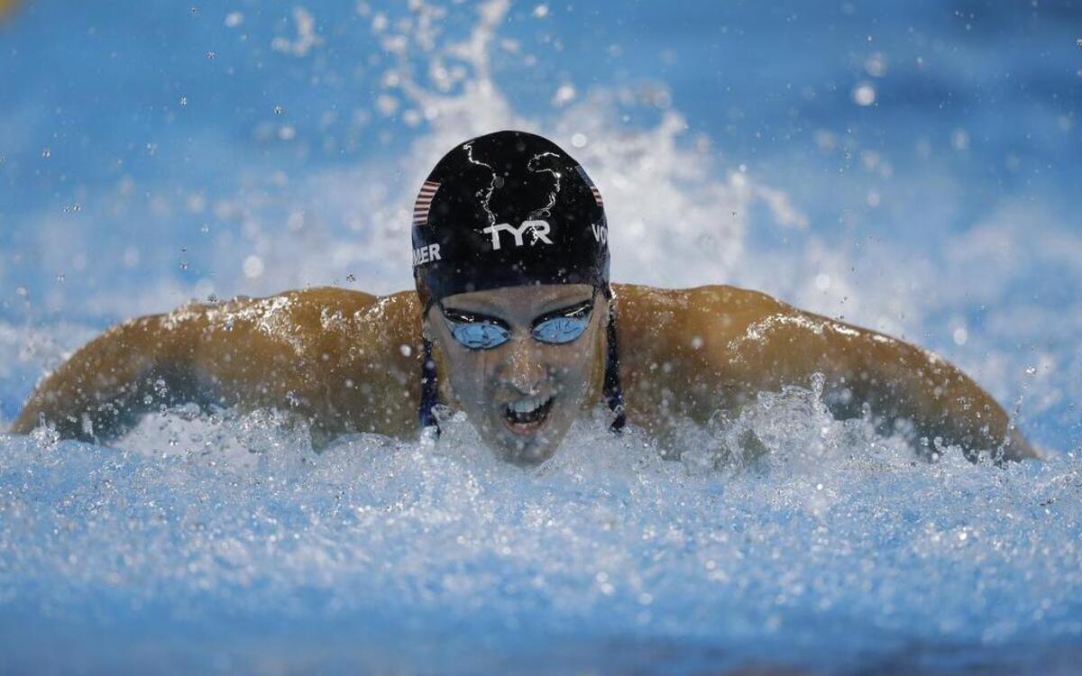 Dana Vollmer, who grew up in Granbury, finished second in her semifinal of the women’s 100-meter butterfly on Saturday. The final will be shown on NBC on Sunday.