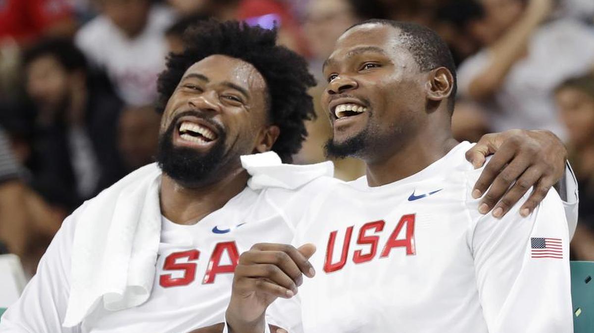 United States center DeAndre Jordan, left, jokes with forward Kevin Durant during Monday’s game against Venezuela. The U.S. men take on Australia at 5 p.m. Wednesday on NBCSN and the Olympic Basketball Channel.