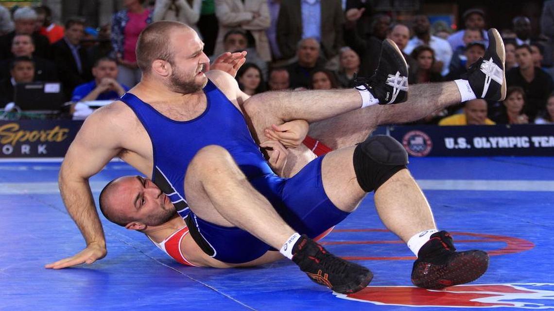 Arlington High School graduate Tervel Dlagnev, top, competes in a freestyle wrestling event in New York in 2012.