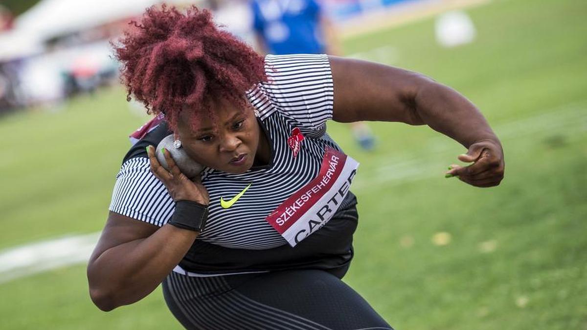 Michelle Carter of the U.S competes in women’s shot put final at a Grand Prix meet in Hungary on Monday. Carter was given a sendoff for the Rio Games by her hometown of Red Oak on Tuesday.